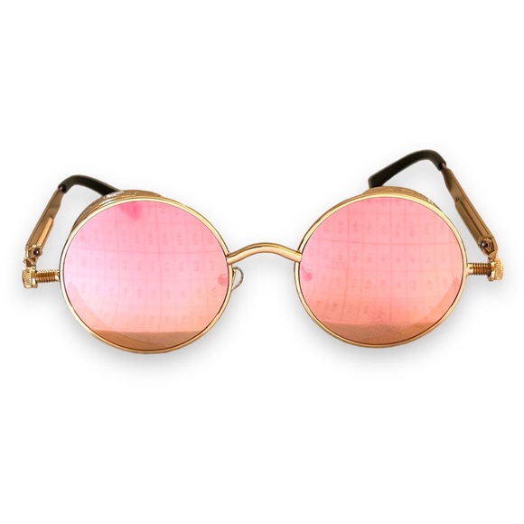 Unisex Round Steampunk Retro Frame Polarized Sunglasses Pink Lens UV400 - Picture 5 of 13